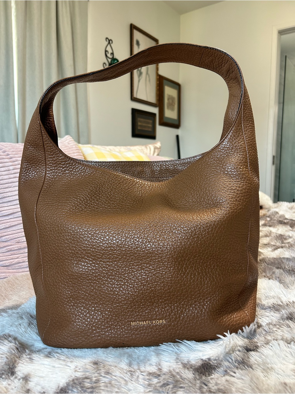 Michael Kors Large Brown Pebbled Leather Hobo Tote Shoulder Bag